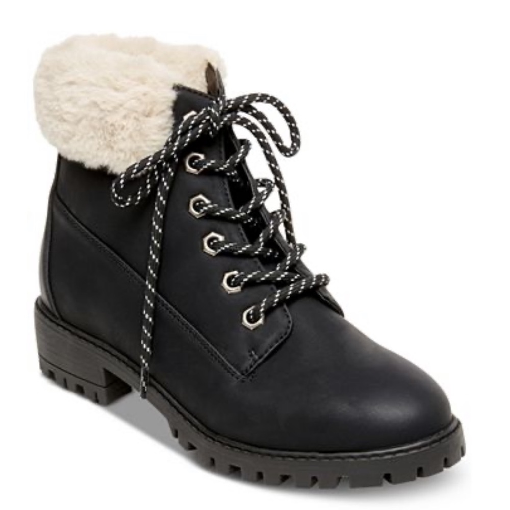 Black Laceup Hiking Faux Shearling Winter Boots - Picture 8 of 8